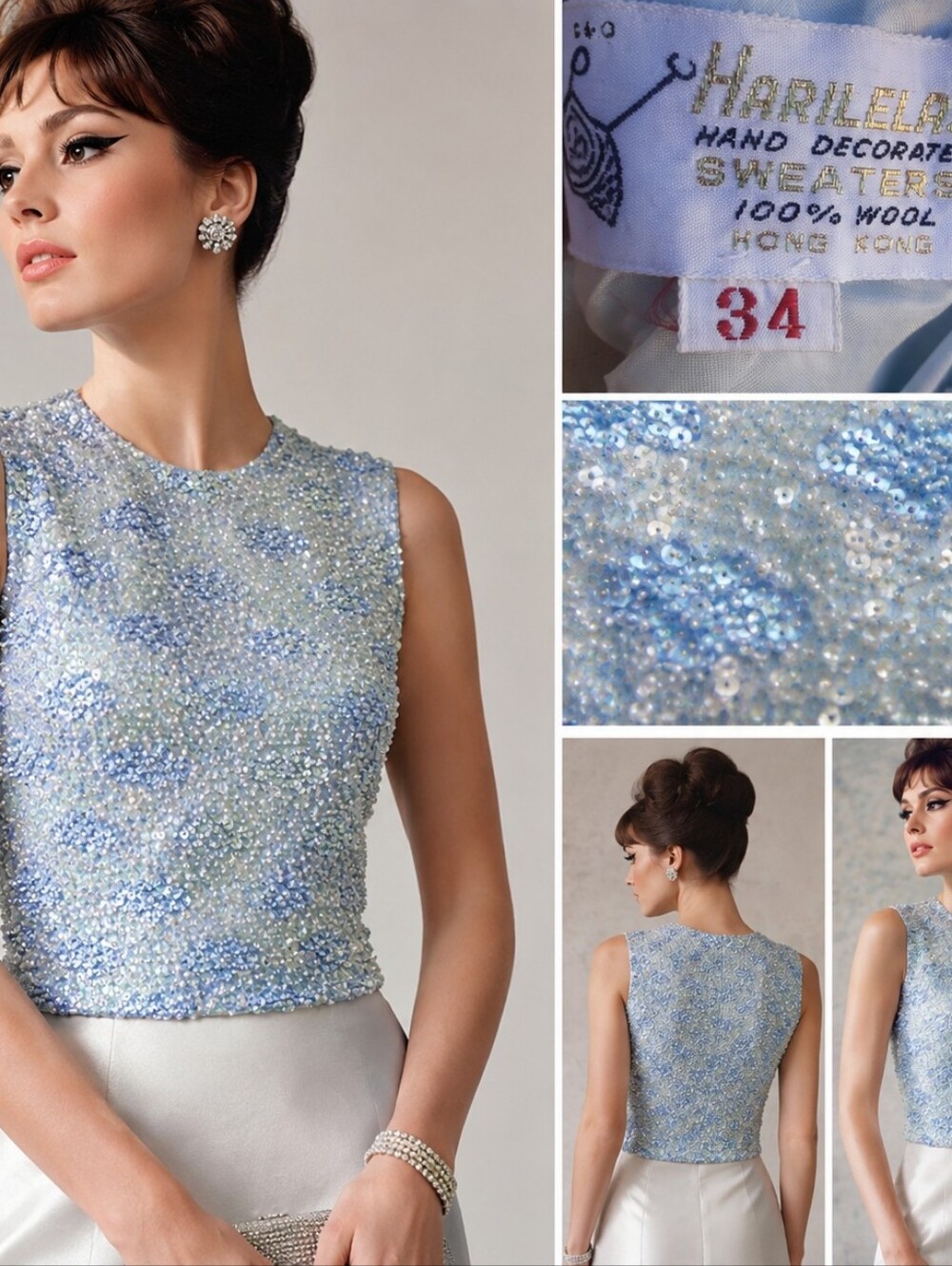VTG 60s Hand Beaded Blue Sequin Wool Party Evening blouse sleeveless Top S M - Picture 16 of 16